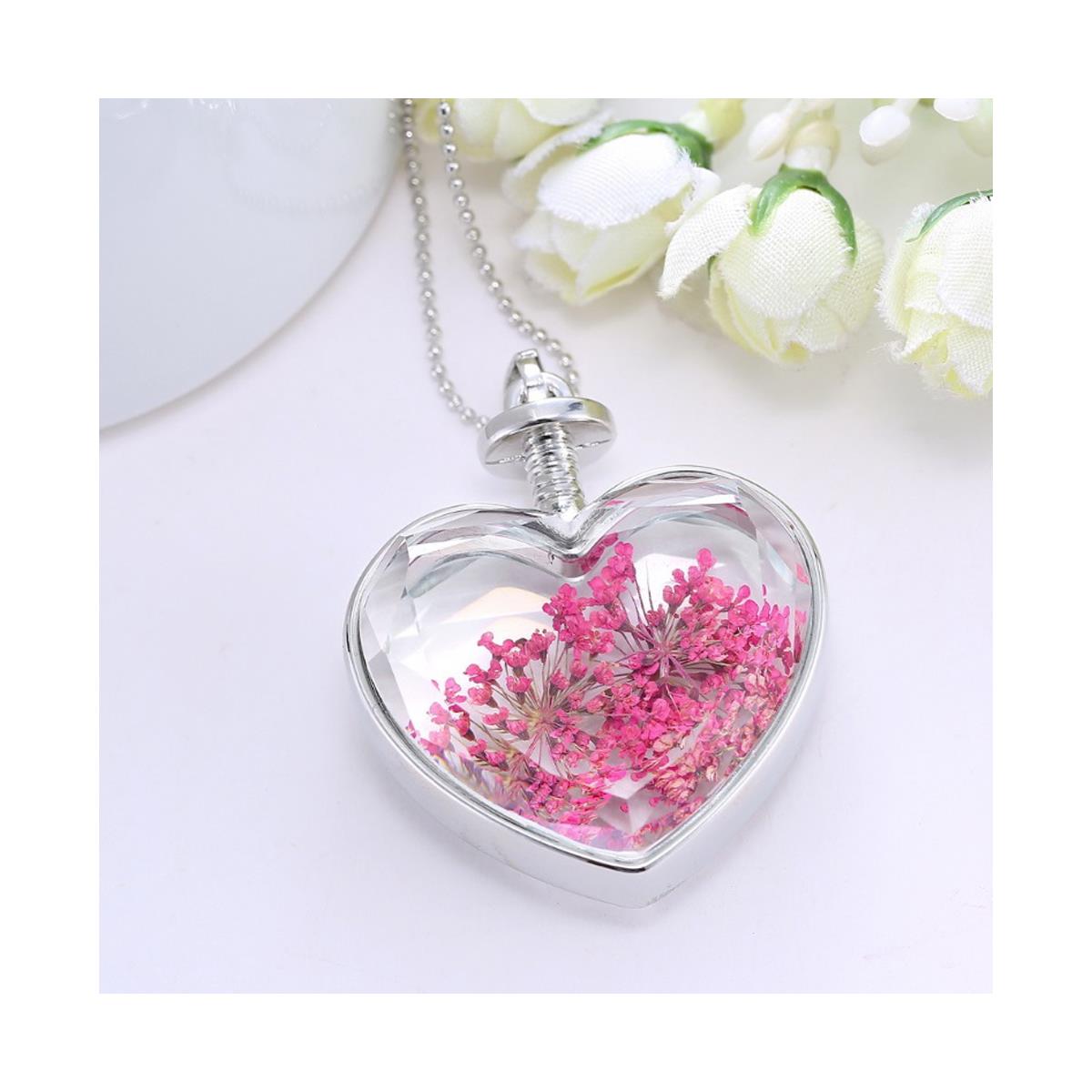 Charles William Love Heart REAL Flower Hot Pink Pendant on Silver Necklace