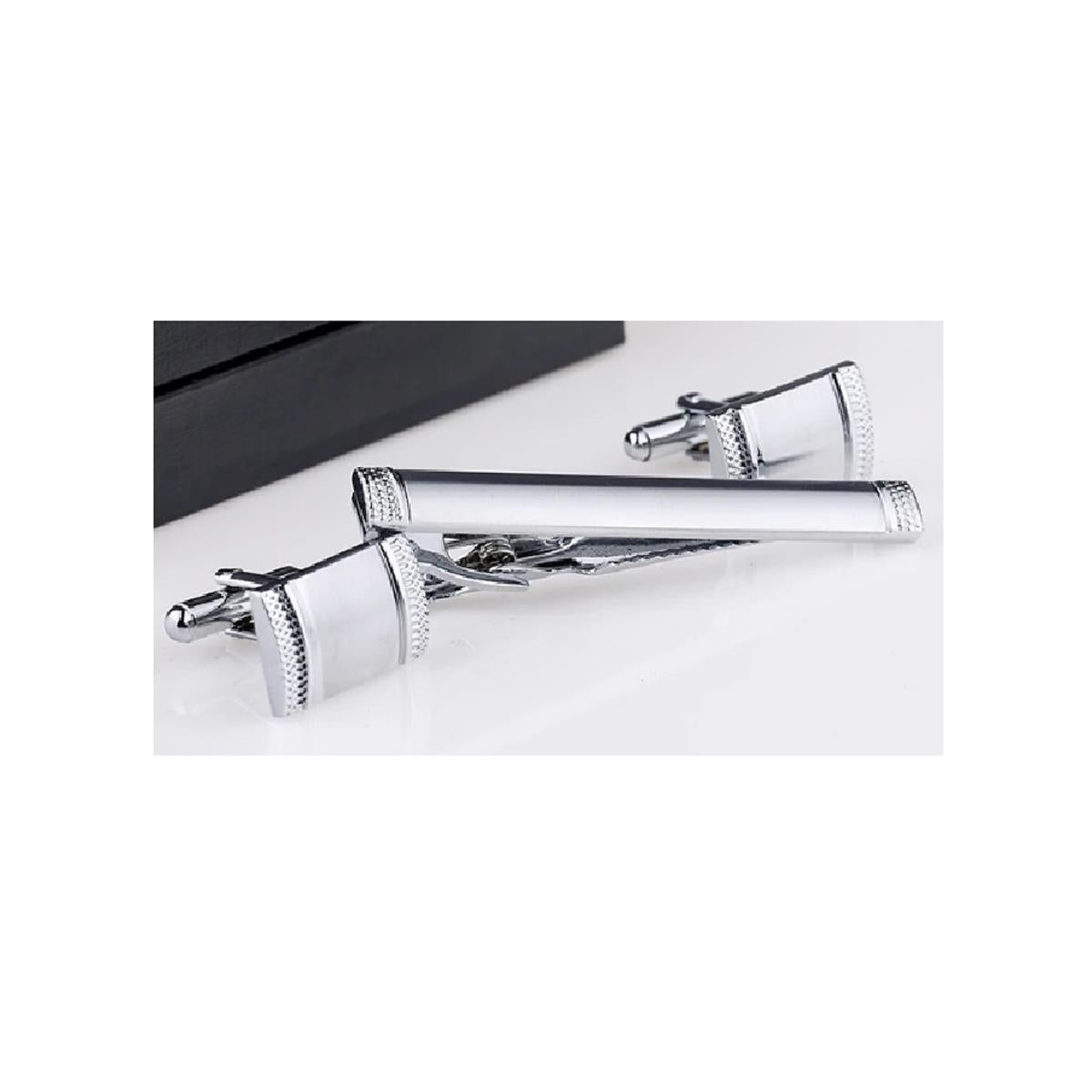 Silver Tie Clip Cufflink Set Stunning Design Smart Formal Cufflinks