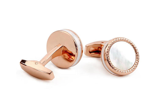 Luxury Rose Gold Cufflinks Mother Of Pearl Stone White Band Elegant Design