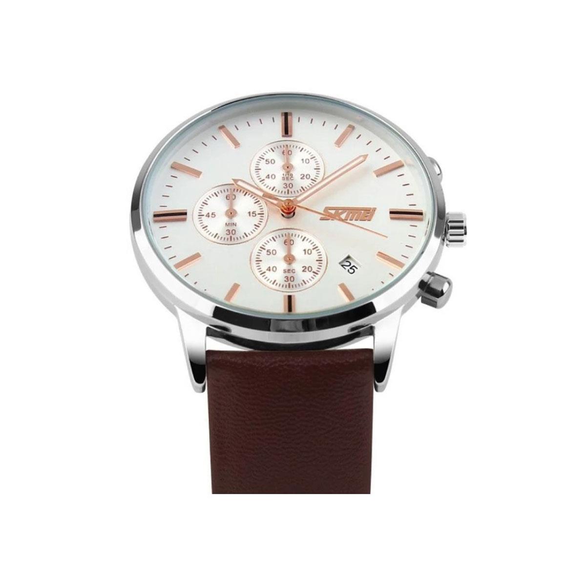 Mens Watch White Dial Silver Bezel Rose Gold Hands with Brown Leather Strap Date