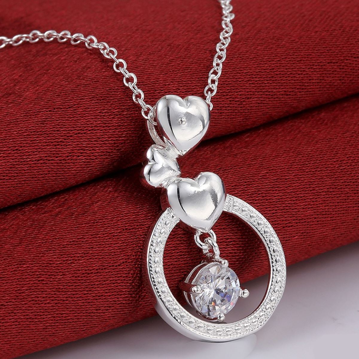 Women's Ladies Silver Plated Hearts Love Pendant Necklace With Circle & Crystal Stone Uk Seller