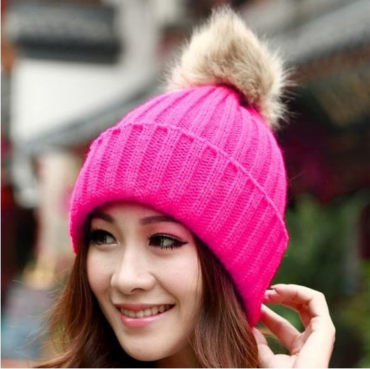 Charles William Fur Pompom Hat Knitted Winter Warm Woollly Pom Pom Beanie Classic Pink