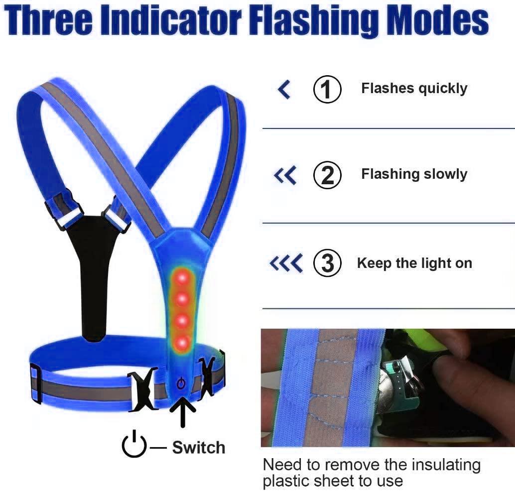 Safety Blue Hi Viz Reflective Flashing Belt Cycling Walking Running Bike Red Light Dark