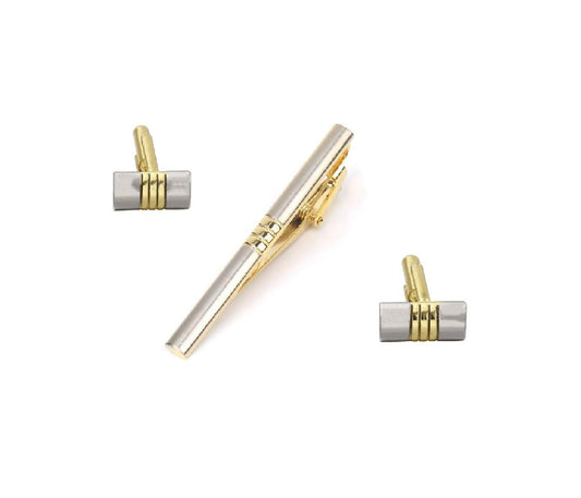 Silver and Gold Cufflinks and Tie Clip Set Striped