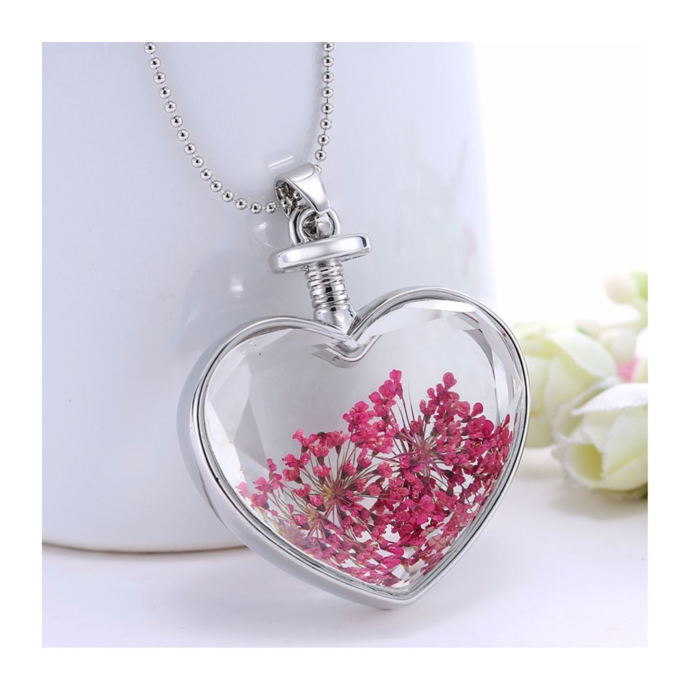 Charles William Love Heart REAL Flower Necklace Pendant Silver Chain Fine Gift Ladies Womans UK