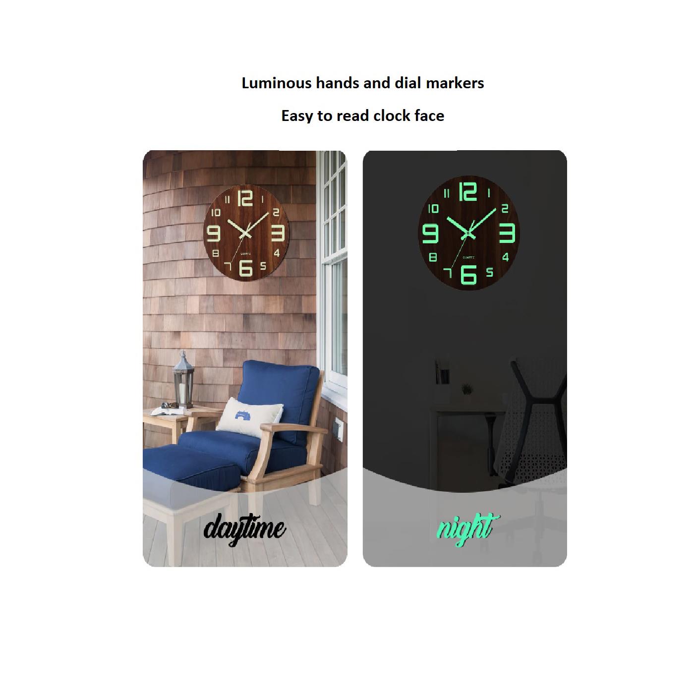 Brown Wooden Clock Silent Movement Luminous Markers