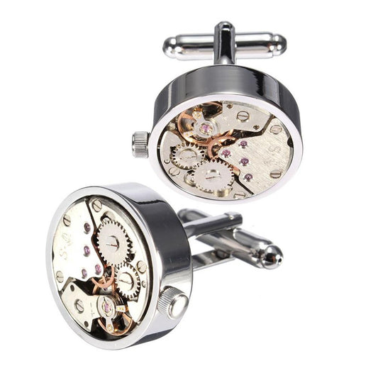 Silver Working Watch Movement Steampunk Cufflinks with Pocket Watch Gift Set