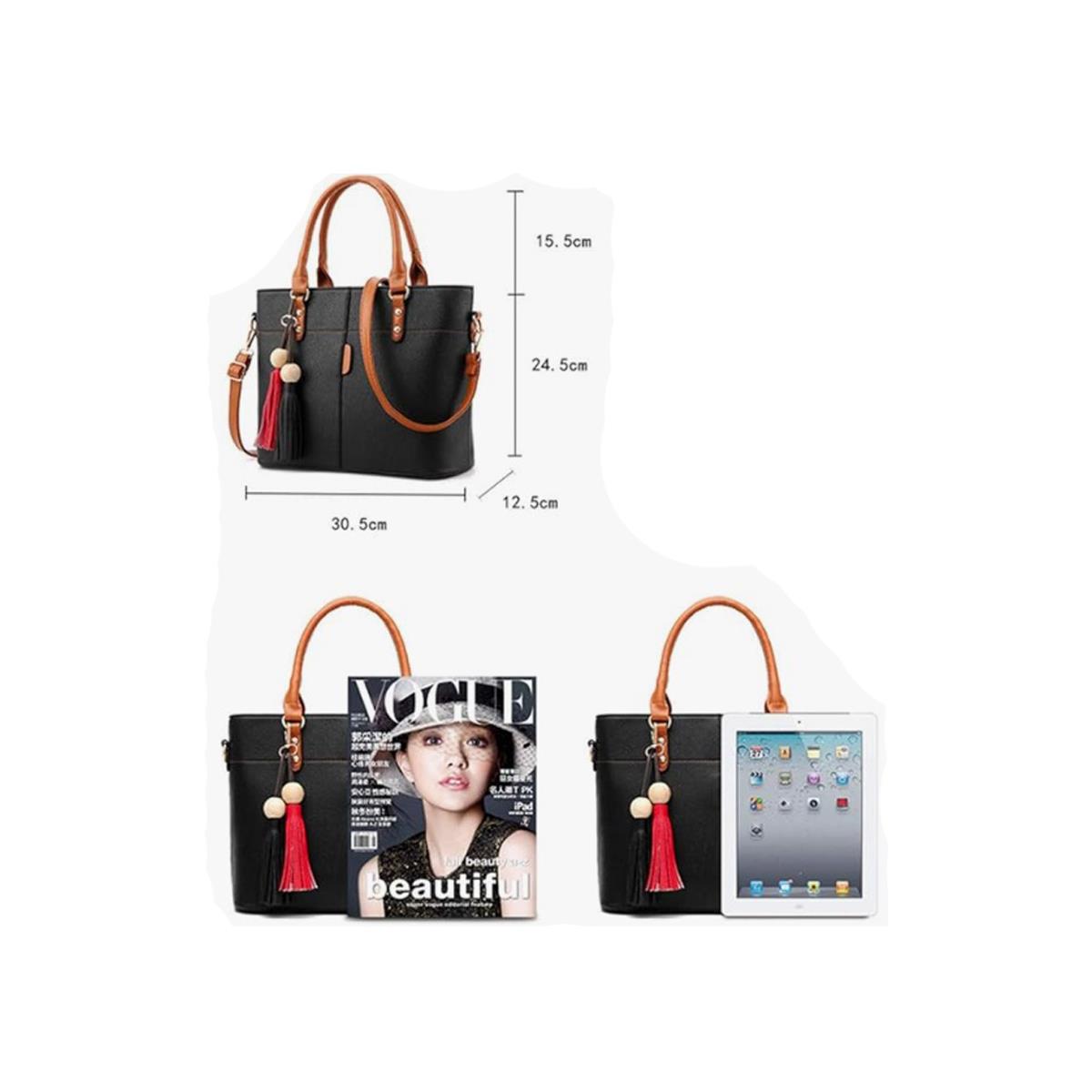 Ladies Black Handbag with Tan Strap Handle - Leather