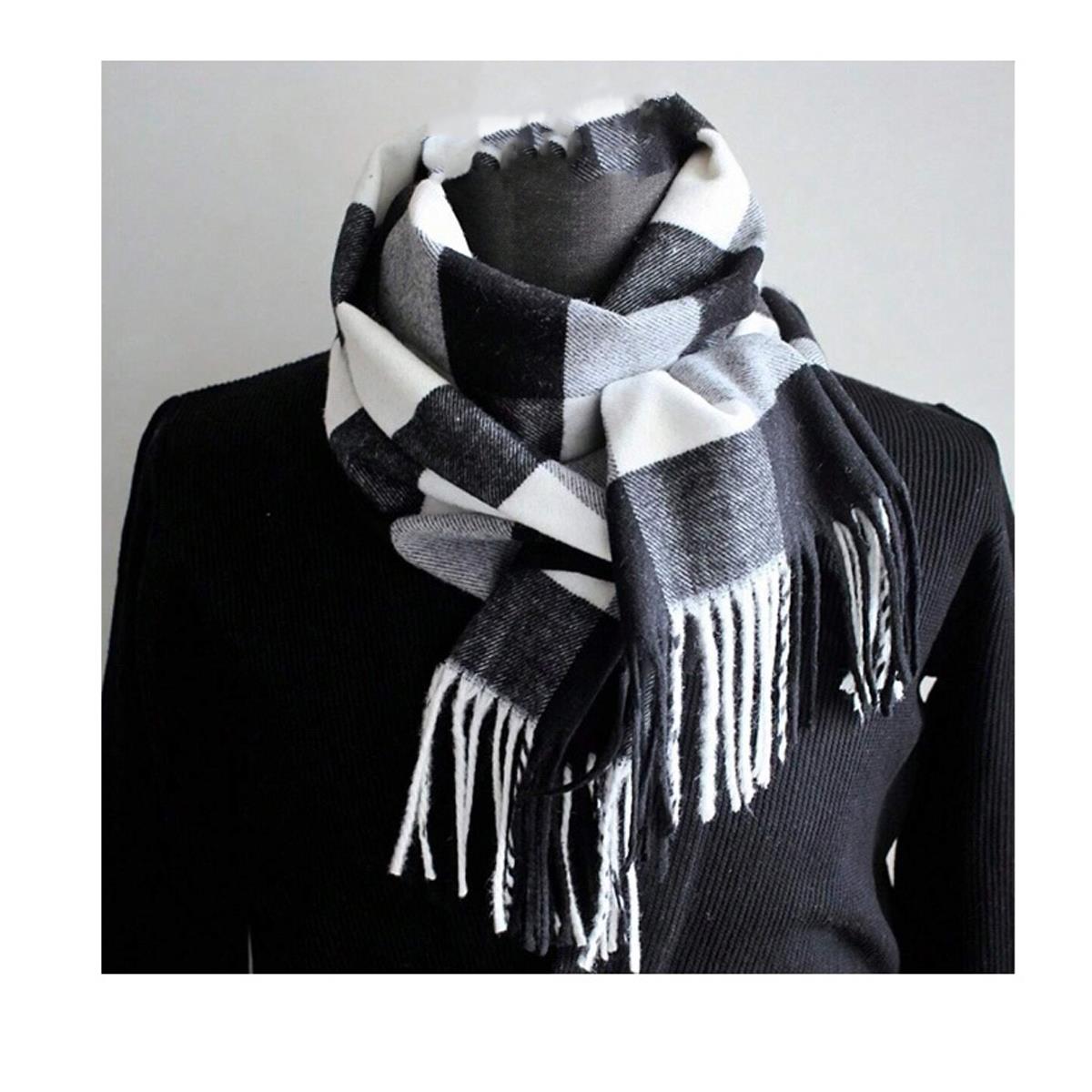 Premium Soft Scarf Black White Striped Criss Cross Warm Gentle and Luxurious