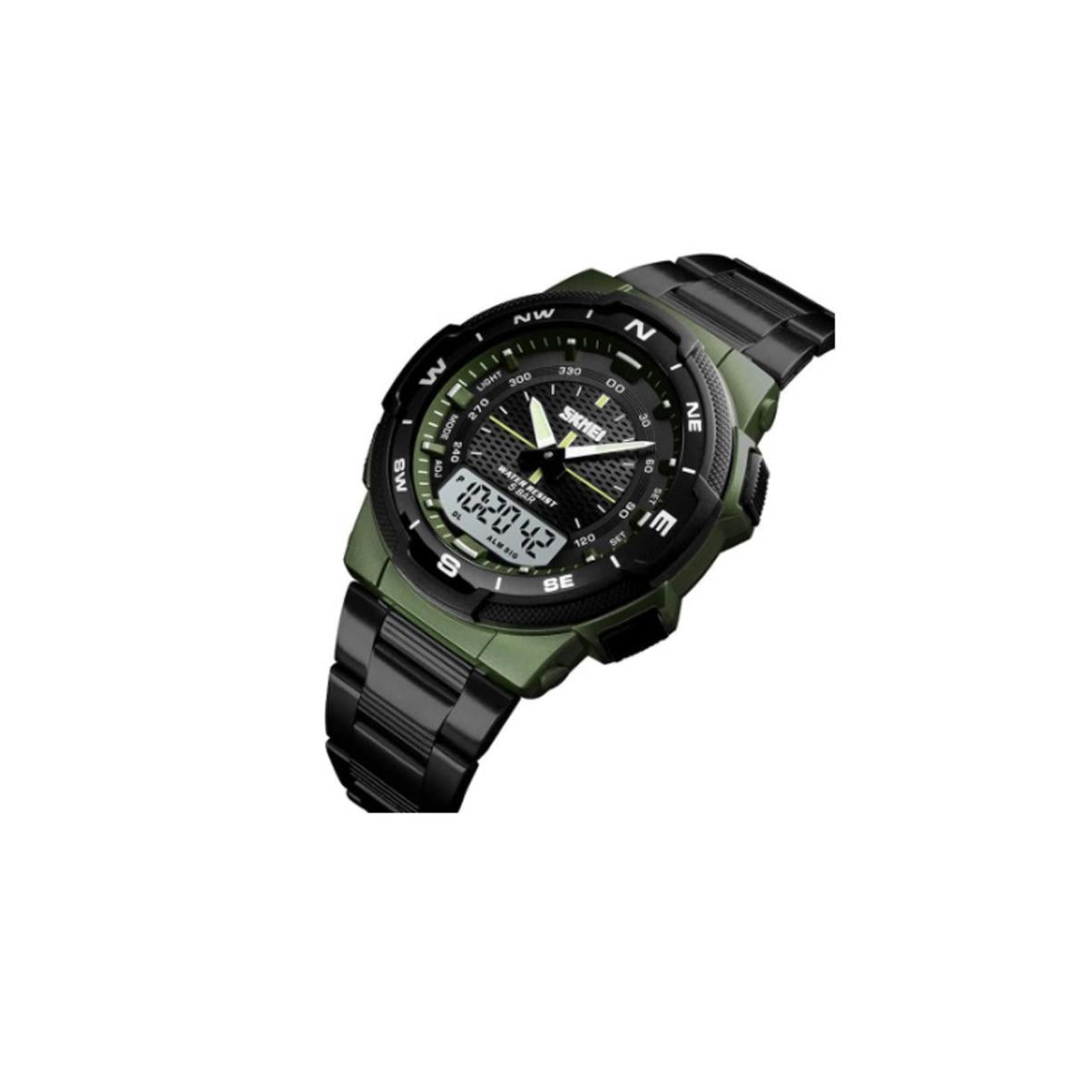 Large Display Dual Time Digital Analogue Army Green Watch