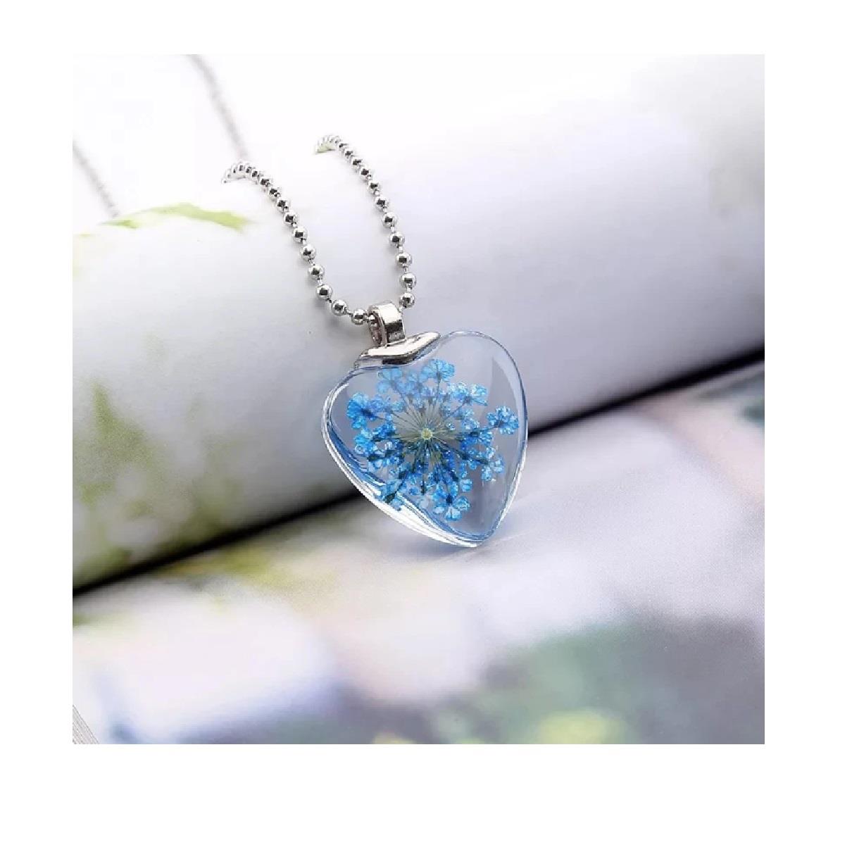 Charles William Love Heart REAL Flower Dark Blue Pendant on Silver Necklace