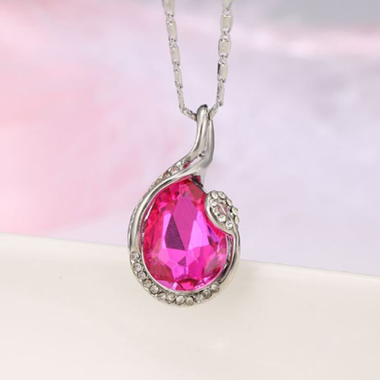 Charles William Large Hot Pink Teardrop Stone Pendant Necklace Silver