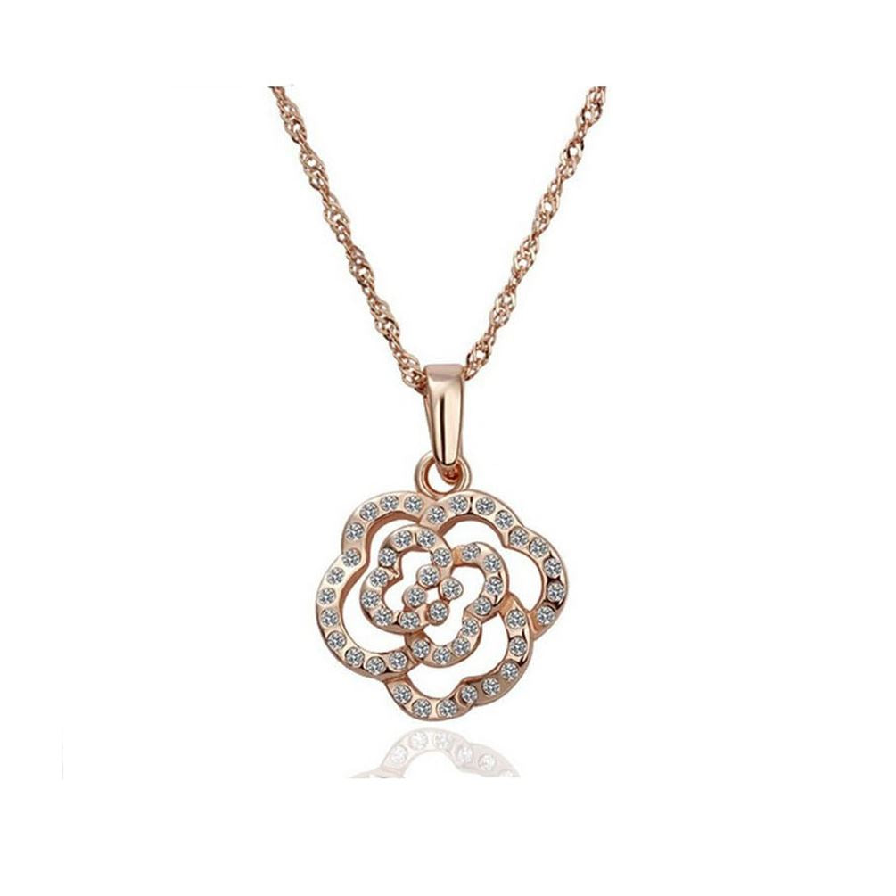 Womens Rose Gold Cubic Zirconia Flower Necklace from Charles William