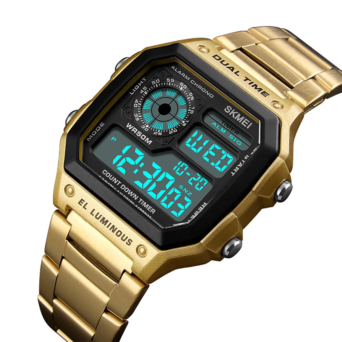 Skmei Gold Smart Mens Digital Watch Clear Display Stainless Steel Strap Date Alarm Stopwatch DG1335G