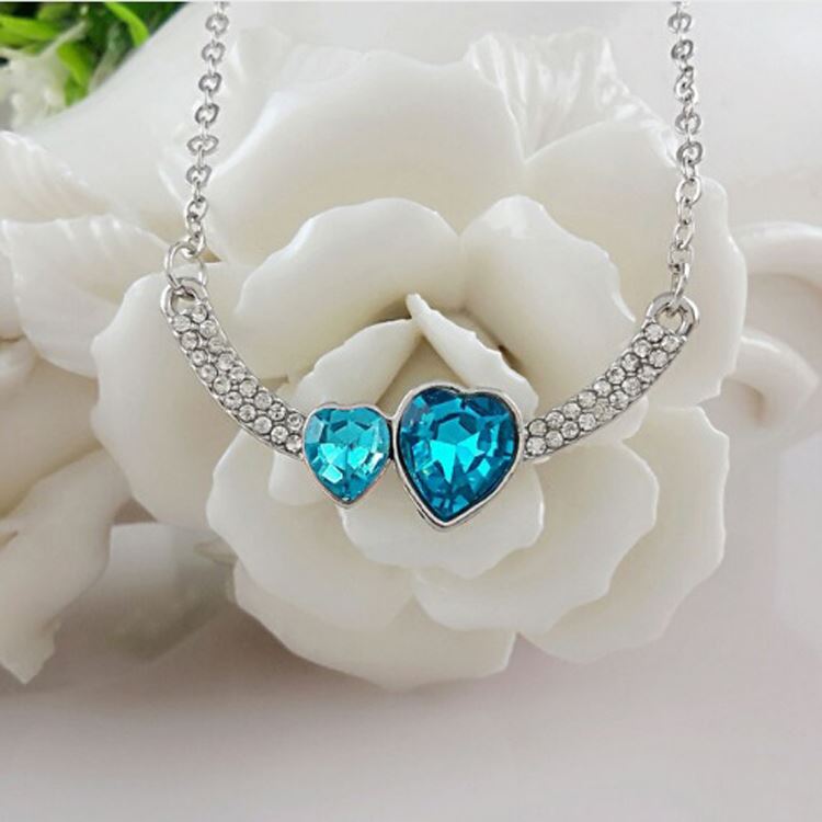 Women's Double Heart Love Sky Blue Crystal Pendant Necklace Stones UK Seller