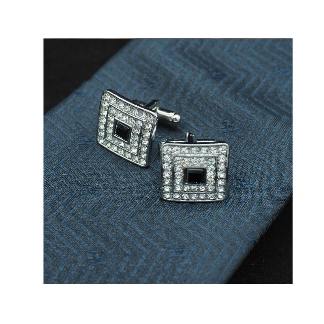 Charles William Silver Cufflinks Square With Encrusted Crystal Stones And Central Black Stone