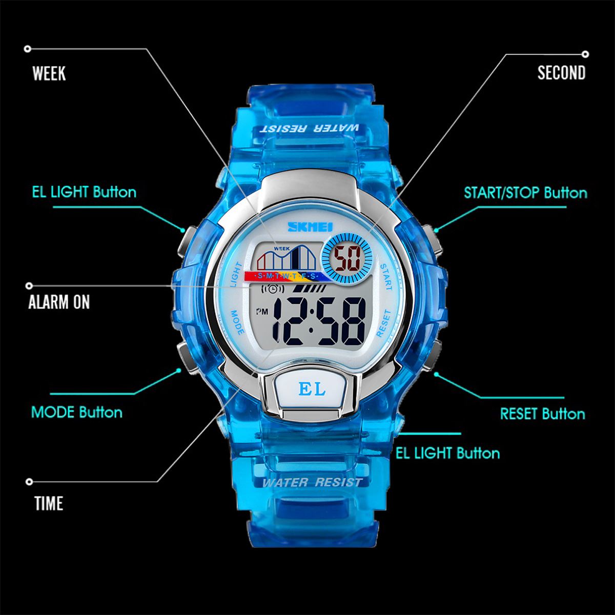 Skmei Boys Girls Kids Blue Digital Watch Transparent Strap Watch 50m Water Resistant Stopwatch Perfect For Ages 5-13 DG1450BLU