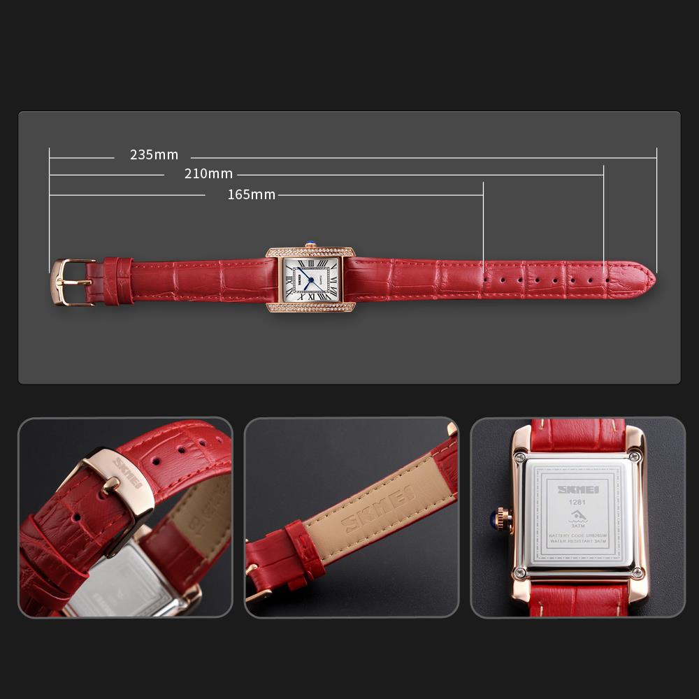 Skmei Women's Ladies Watch Classic Roman Genuine Leather Crystal Stones Red Silver