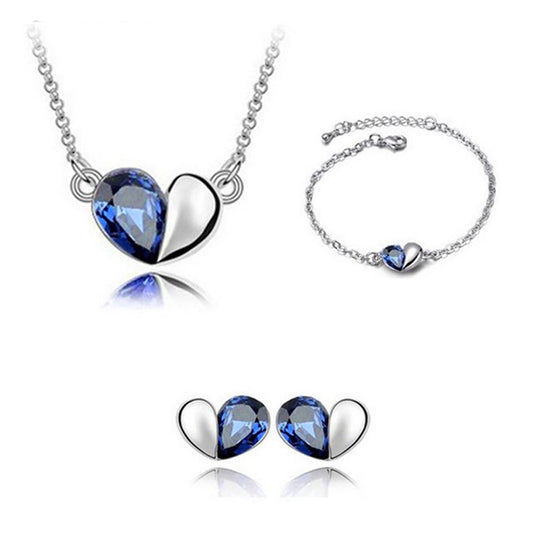 Dark Blue Designer Love Heart Themed Jewellery Necklace Bracelet & Earrings Set