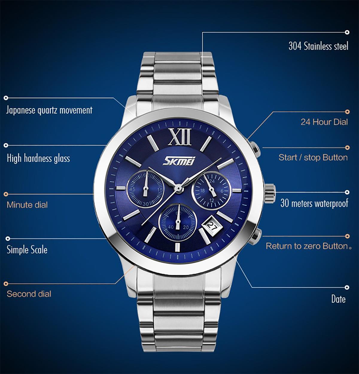 Skmei Mens Blue Chronograph Watch Multi Dial Date Display Steel Strap Charles William London