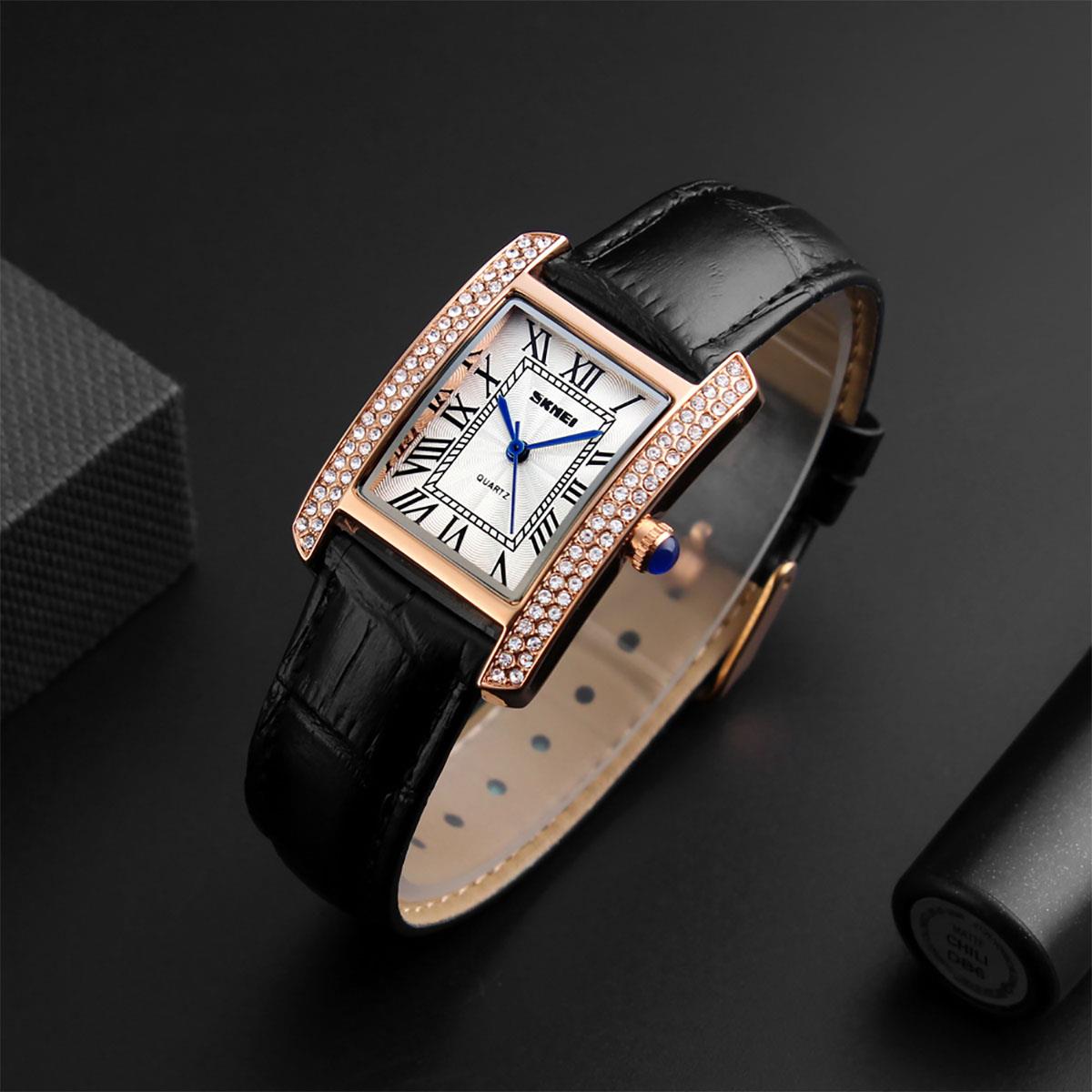 Skmei Women's Ladies Watch Classic Roman Genuine Leather Crystal Stones Black Gold