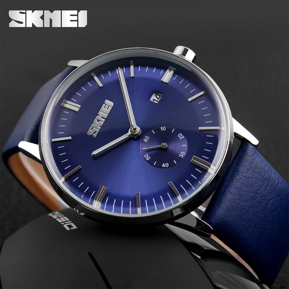 Skmei Mens Blue Classic Watch Genuine Leather Strap Date Display SK9083