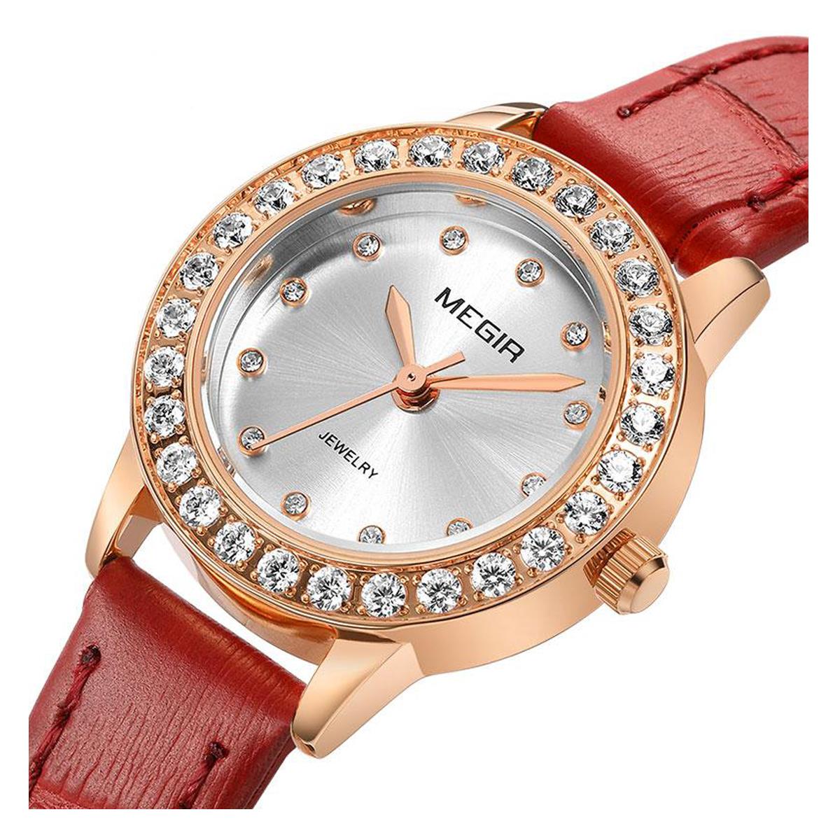 Megir Ladies Round Quartz Analogue Luxury Watch Rose Gold Smart Watches Leather