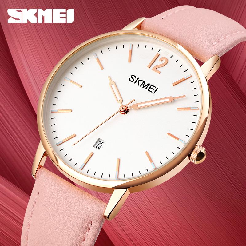 Skmei Women's Watch Classic Clear Dial Date Display Genuine Leather Strap Pink