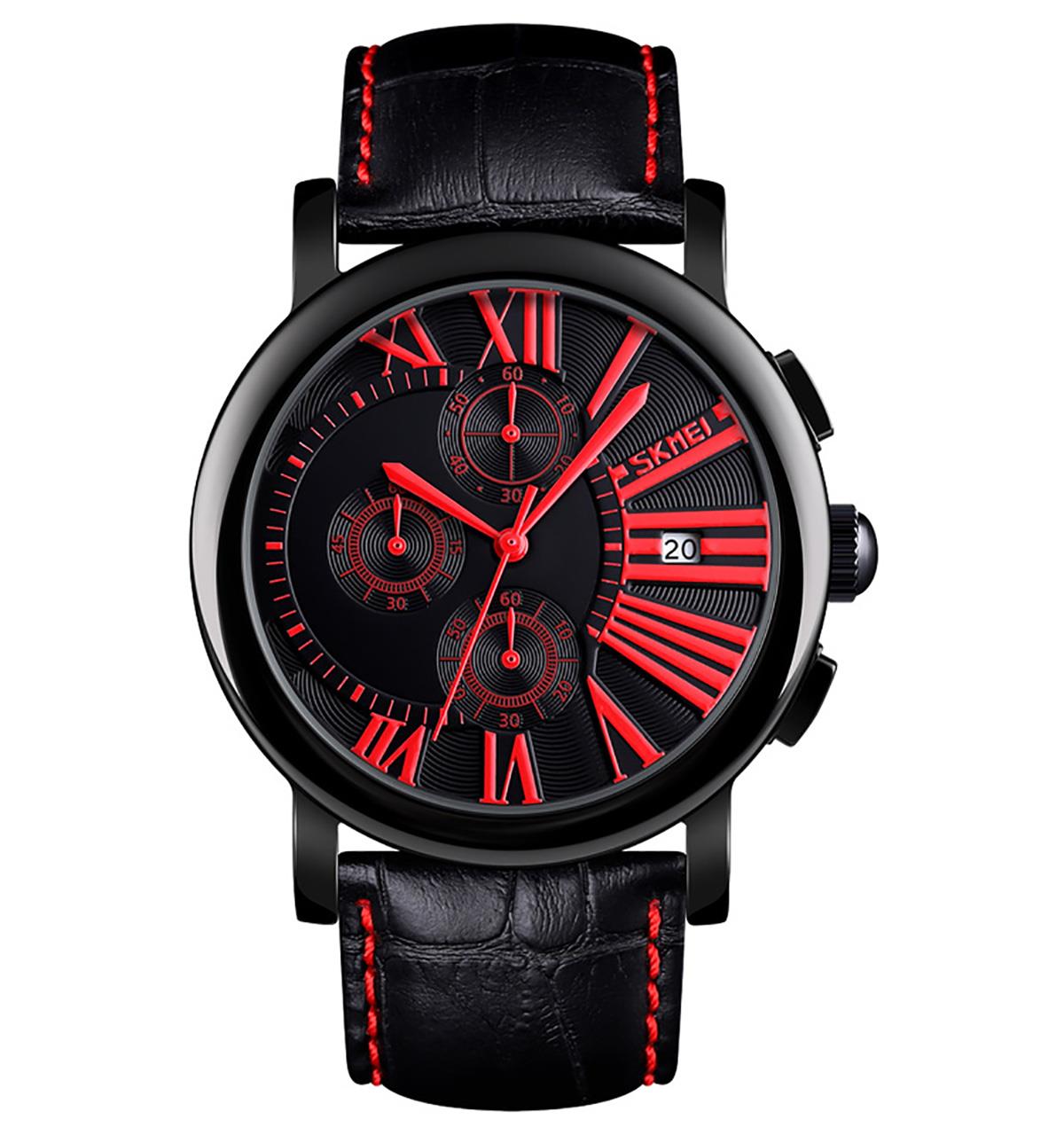 Skmei Mens Black Red Watch Chronograph Genuine Leather Strap Date Display SK9196RED