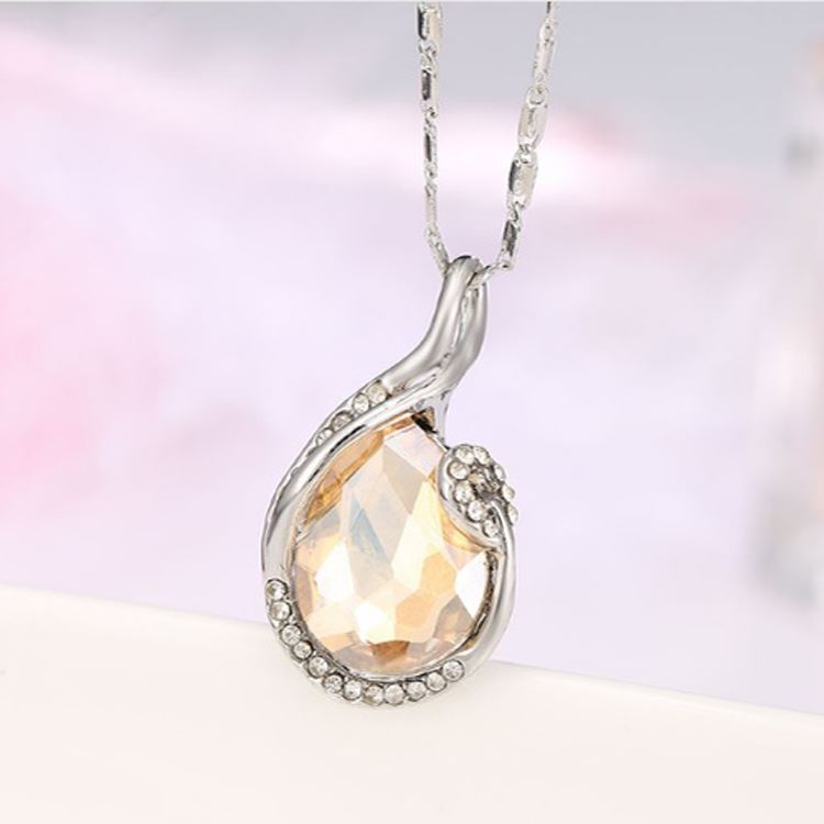 Women's Large Champagne Teardrop Stone Pendant Necklace Silver Tone Cradle With Stones