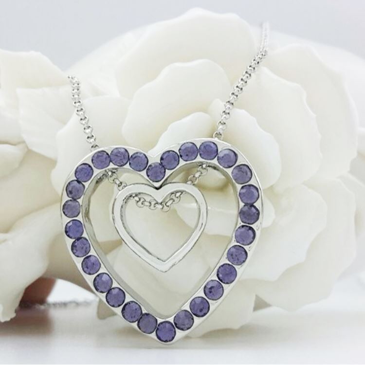 Charles William Double Silver Two Hearts Pendant Crystal Purple Stones Necklace Christmas Gift Present