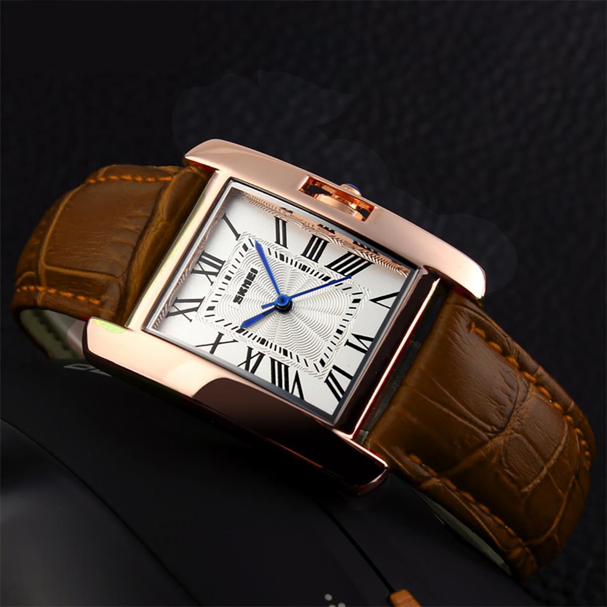 Skmei Beautiful Women's Ladies Watch Square Rose Gold Roman Numerals Genuine Leather Strap Brown 1085BR