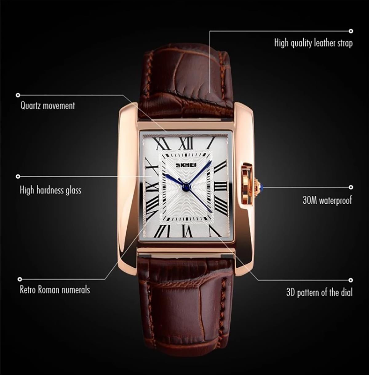 Skmei Beautiful Women's Ladies Watch Square Rose Gold Roman Numerals Genuine Leather Strap Brown 1085BR