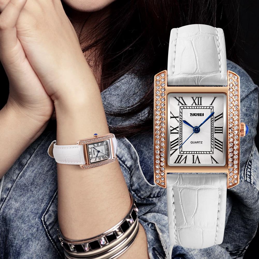 Skmei Women's Watch Classic Roman Genuine Leather Crystal Stones White Rose Gold