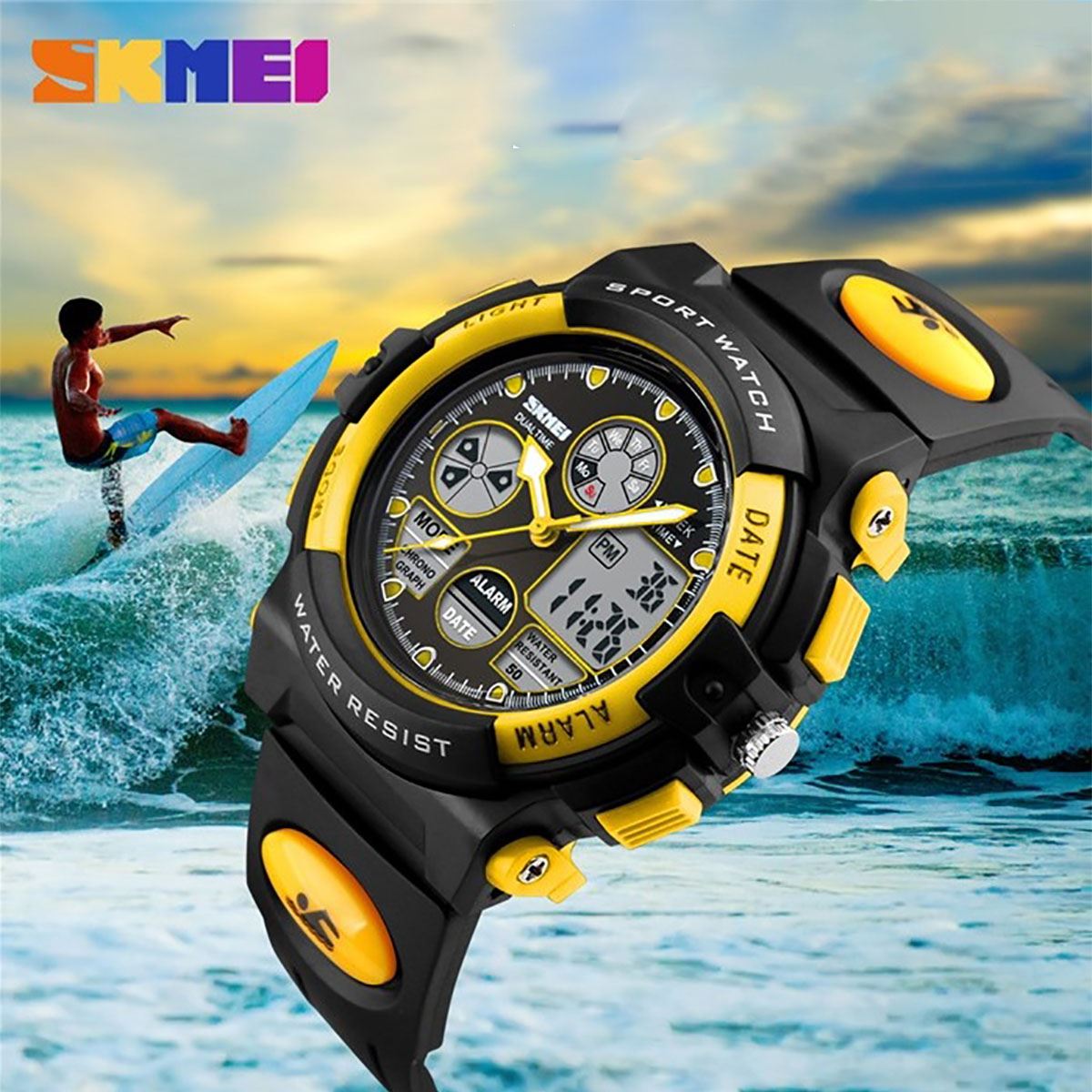 Skmei Black And Yellow Sports Kids Watch 50m Water Resistant Dual Time Display AD1163