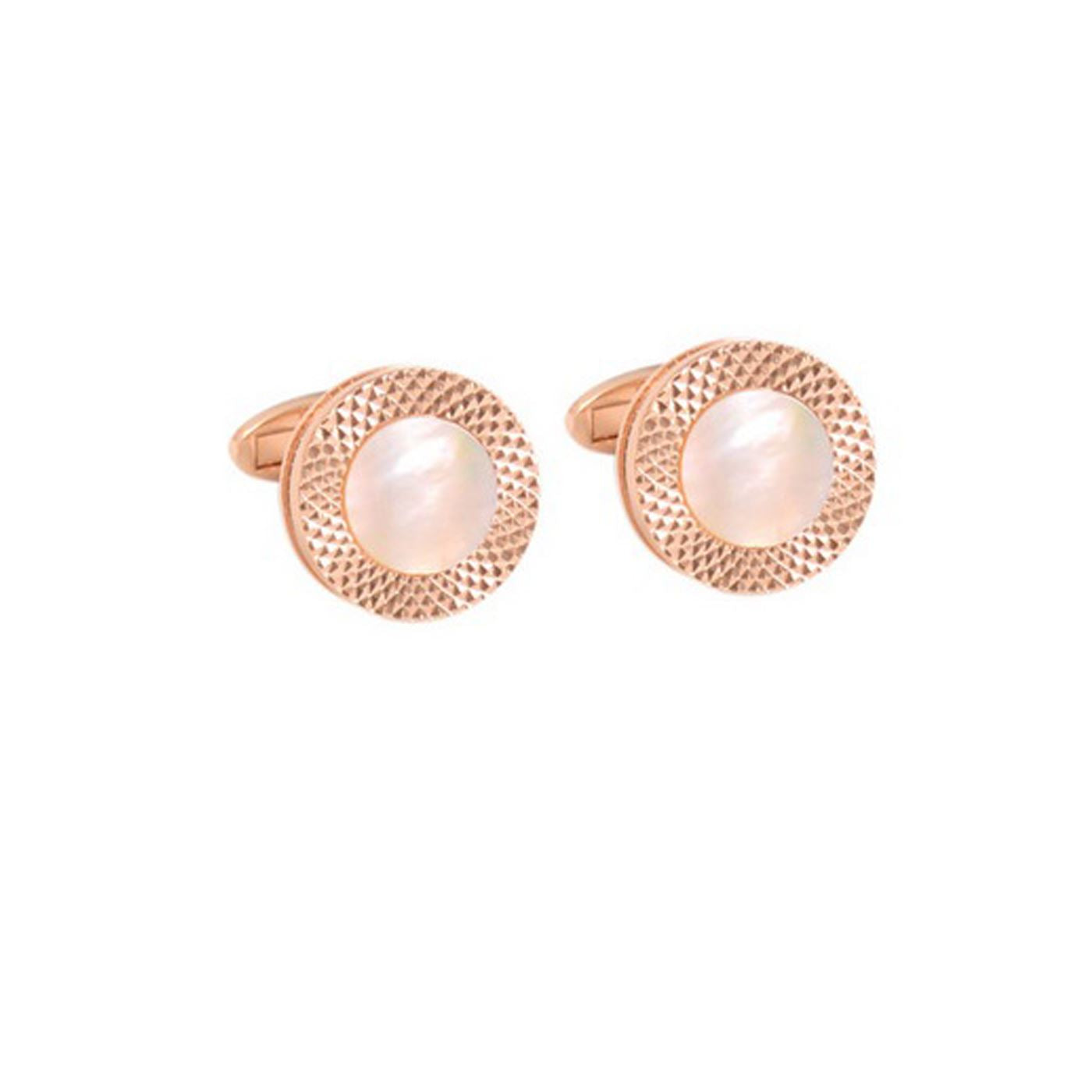 Round Rose Gold Cufflinks with White Marble Mother of Pearl Button
