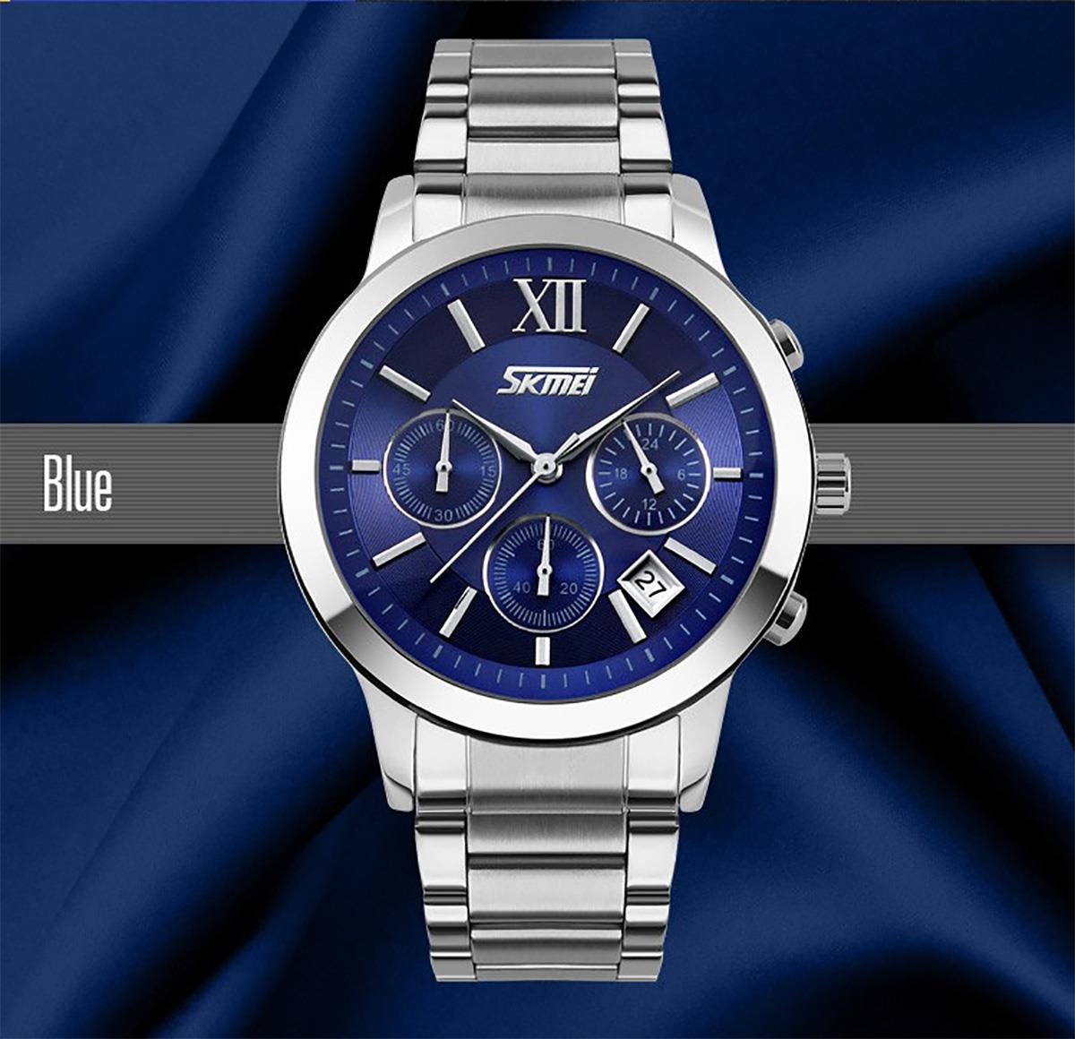 Skmei Mens Blue Chronograph Watch Multi Dial Date Display Steel Strap UK