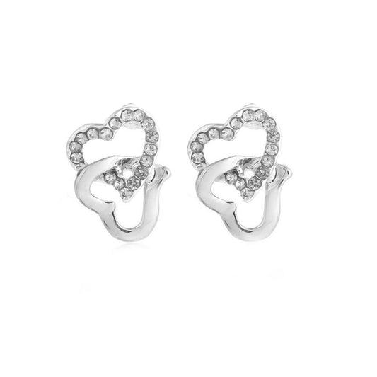 Women's Silver Tone Stud Earrings Clear Stones Chained Heart Diamante UK Seller