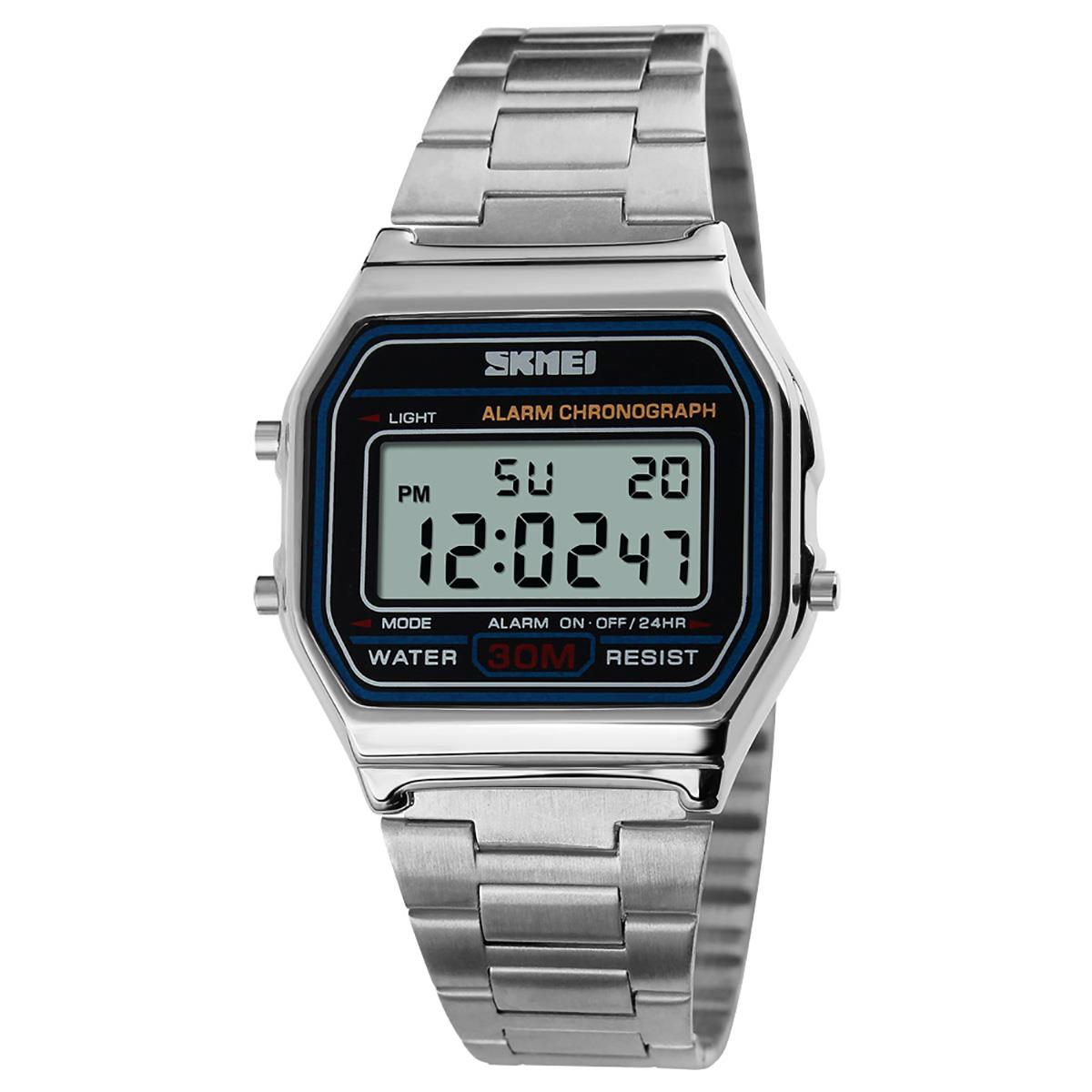 Skmei Mens Boys Classic Clear Digital Watch Retro Alarm Metal Strap Date Stopwatch