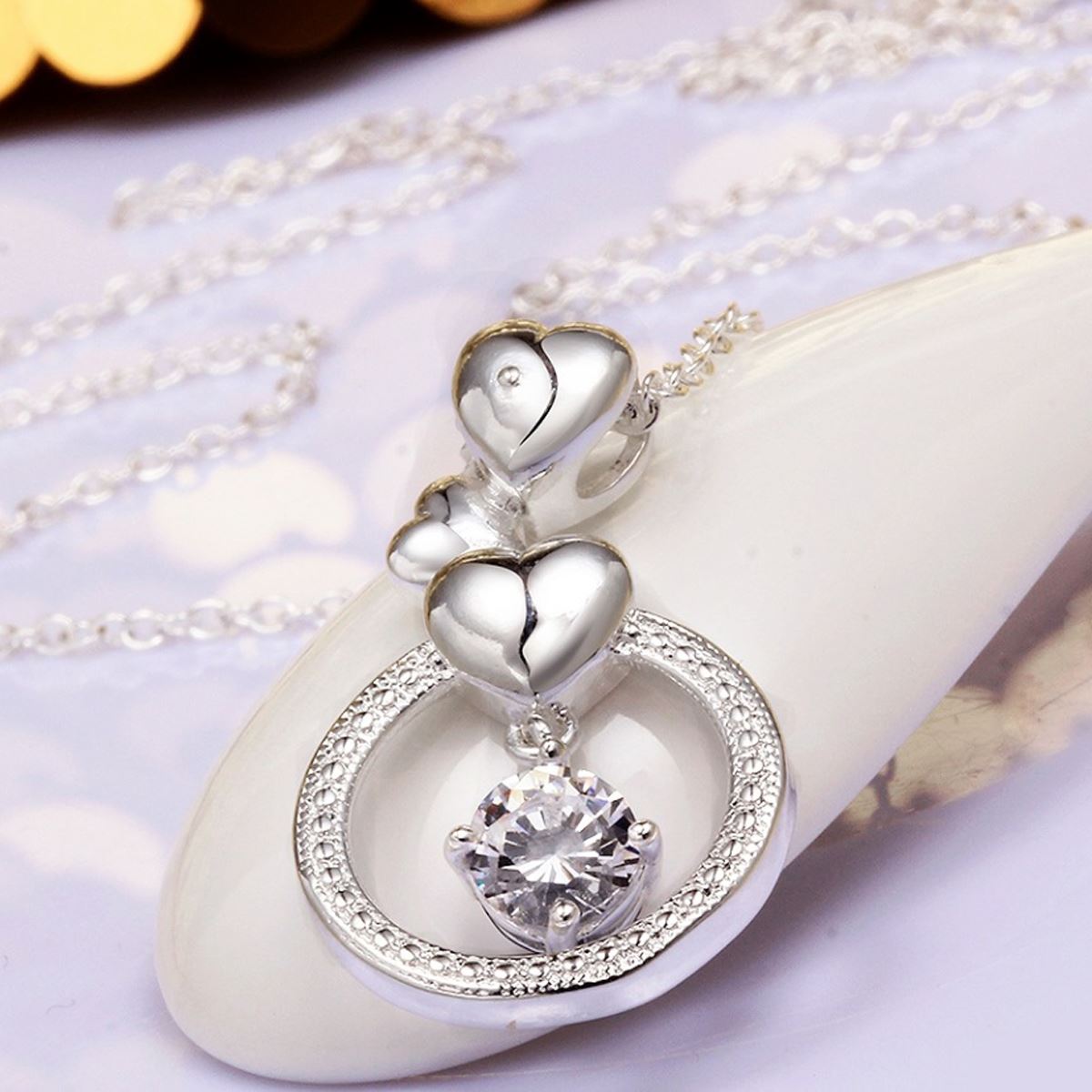 Women's Ladies Silver Plated Hearts Love Pendant Necklace With Circle & Crystal Stone Uk Seller