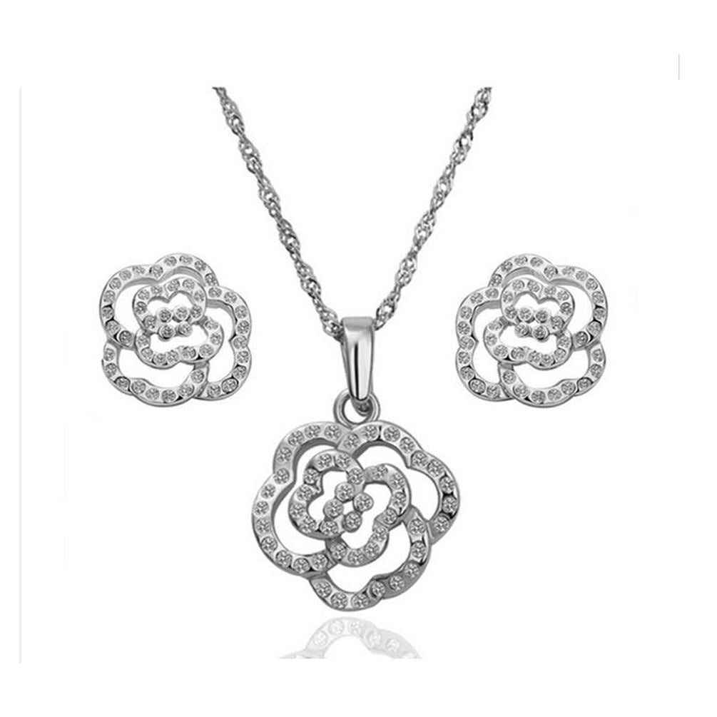 Silver Cubic Zirconia Flower Jewellery Set Studs Earrings & Necklace from Charles William