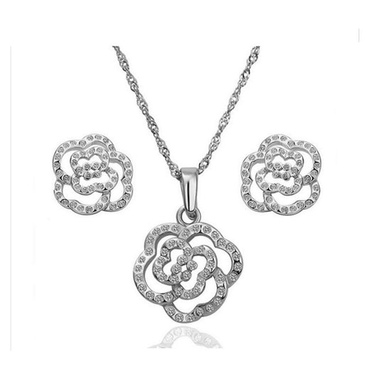 Silver Cubic Zirconia Flower Jewellery Set Studs Earrings & Necklace from Charles William