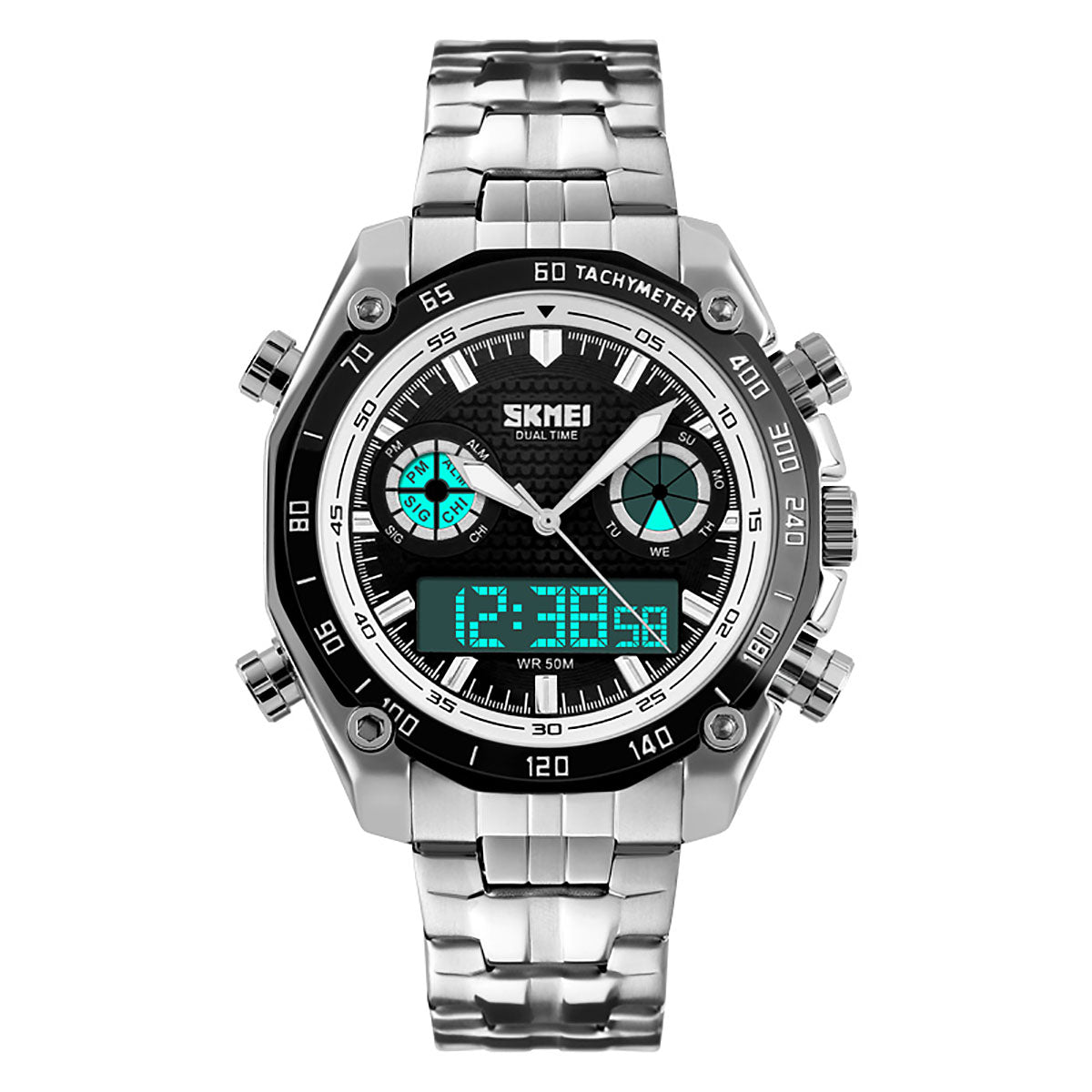 Skmei Mens Dual Time Digital And Analogue Watch With Stainless Steel Strap AD1204