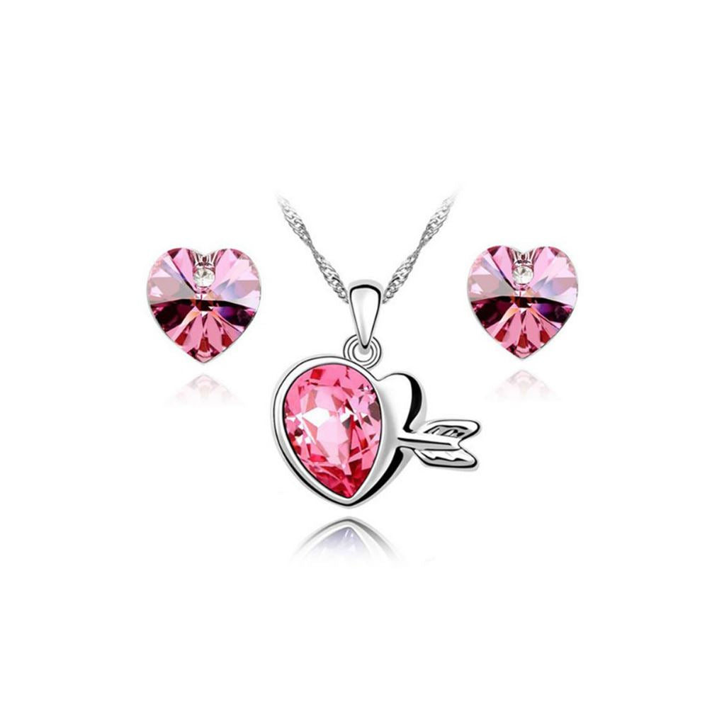 Charles William Love Hearts Silver Elegant Drop Earrings & Necklace Jewellery Set Pink