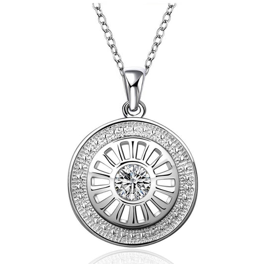 Ladies Women's Silver Plated Circular Necklace Pendant With Central Crystal Stone UK Seller