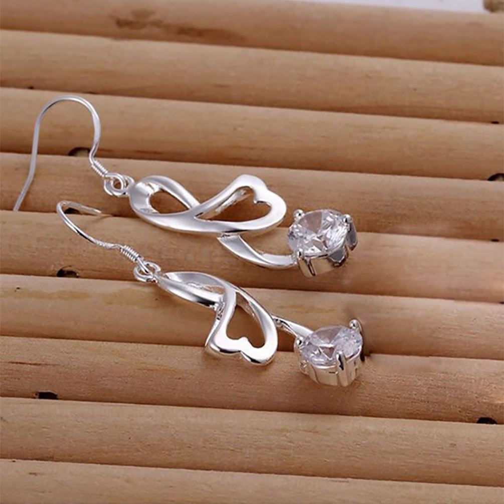 Women's Girls Stunning Silver Heart Ribbon Style Earrings With Sparkling Crystal Stone