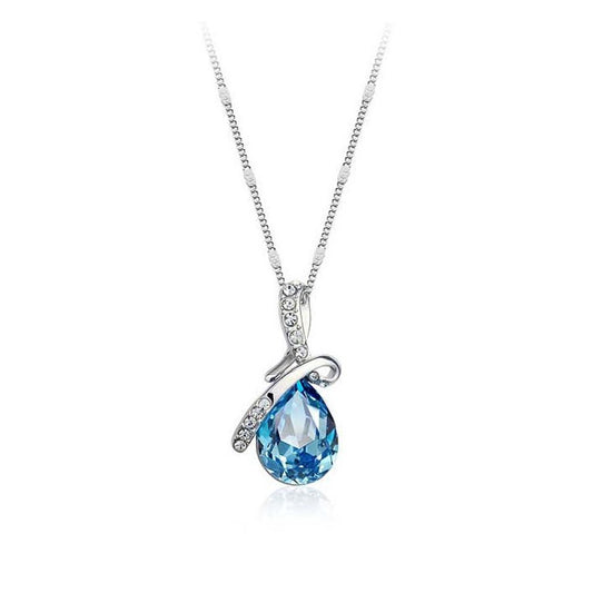 Sky BlueTeardrop Women's Pendant Necklace Crystal Stones Ribbon Design Jewellery UK Seller