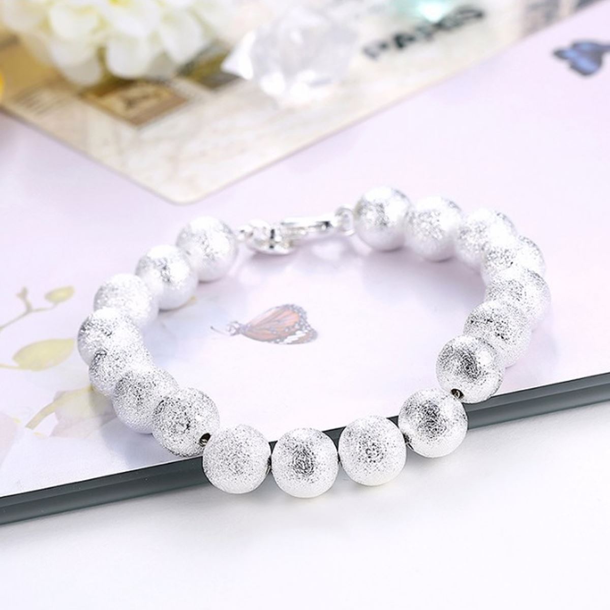 Women's Ladies Girls Textured Silver Plated Ball Bracelet Bangle UK Seller BG1718