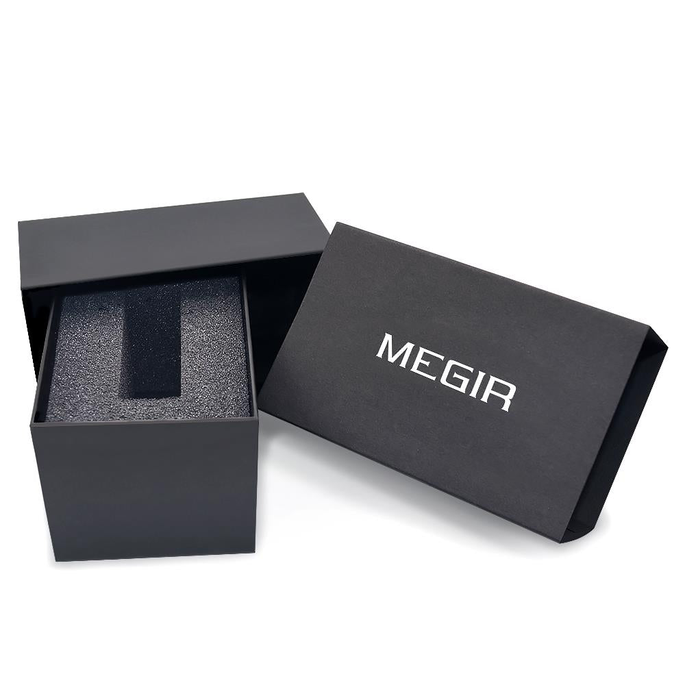 Megir Mens Round Quartz Analogue Watch Black Rose Gold Smart Watches Leather