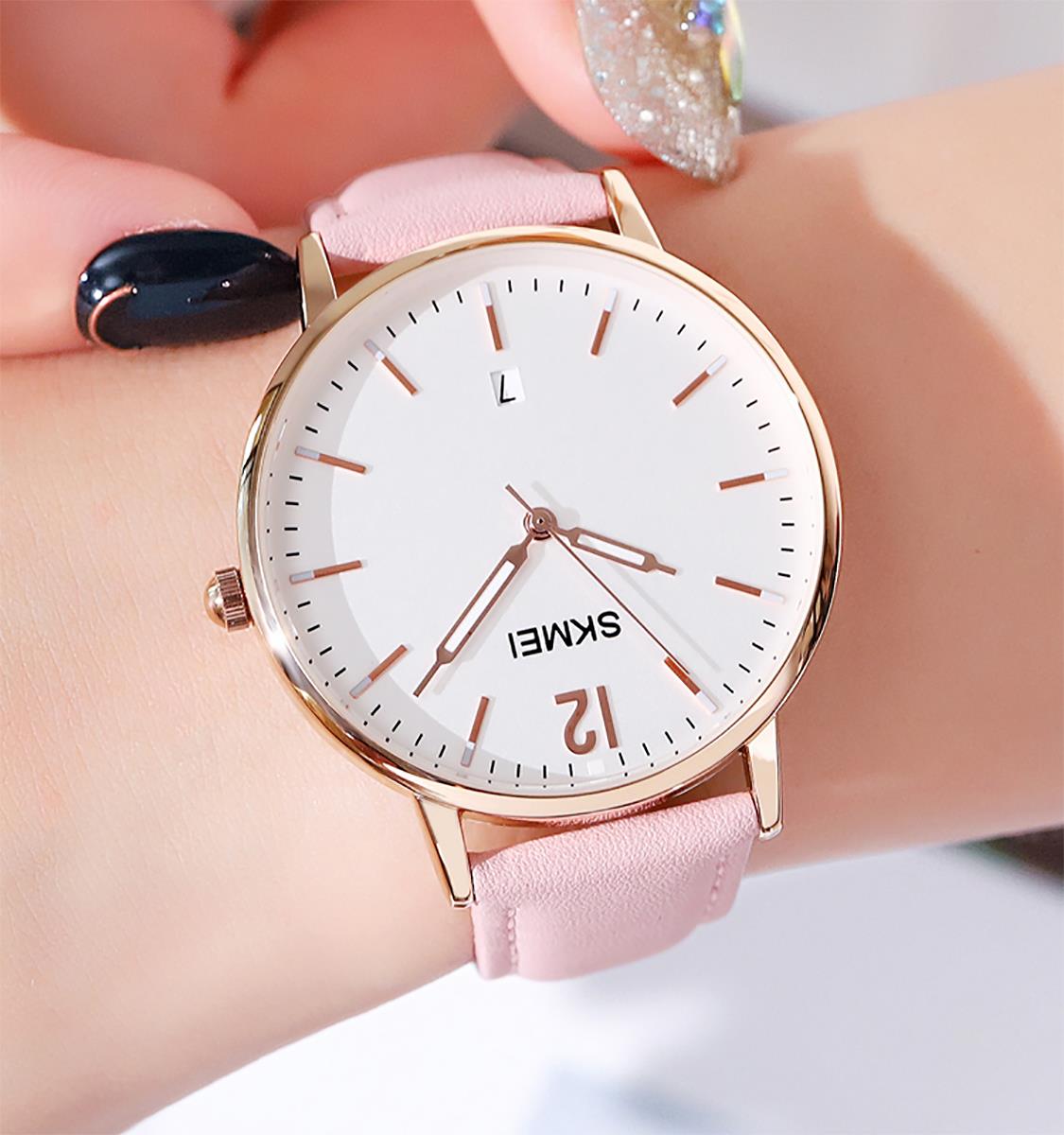Skmei Women's Watch Classic Clear Dial Date Display Genuine Leather Strap Pink